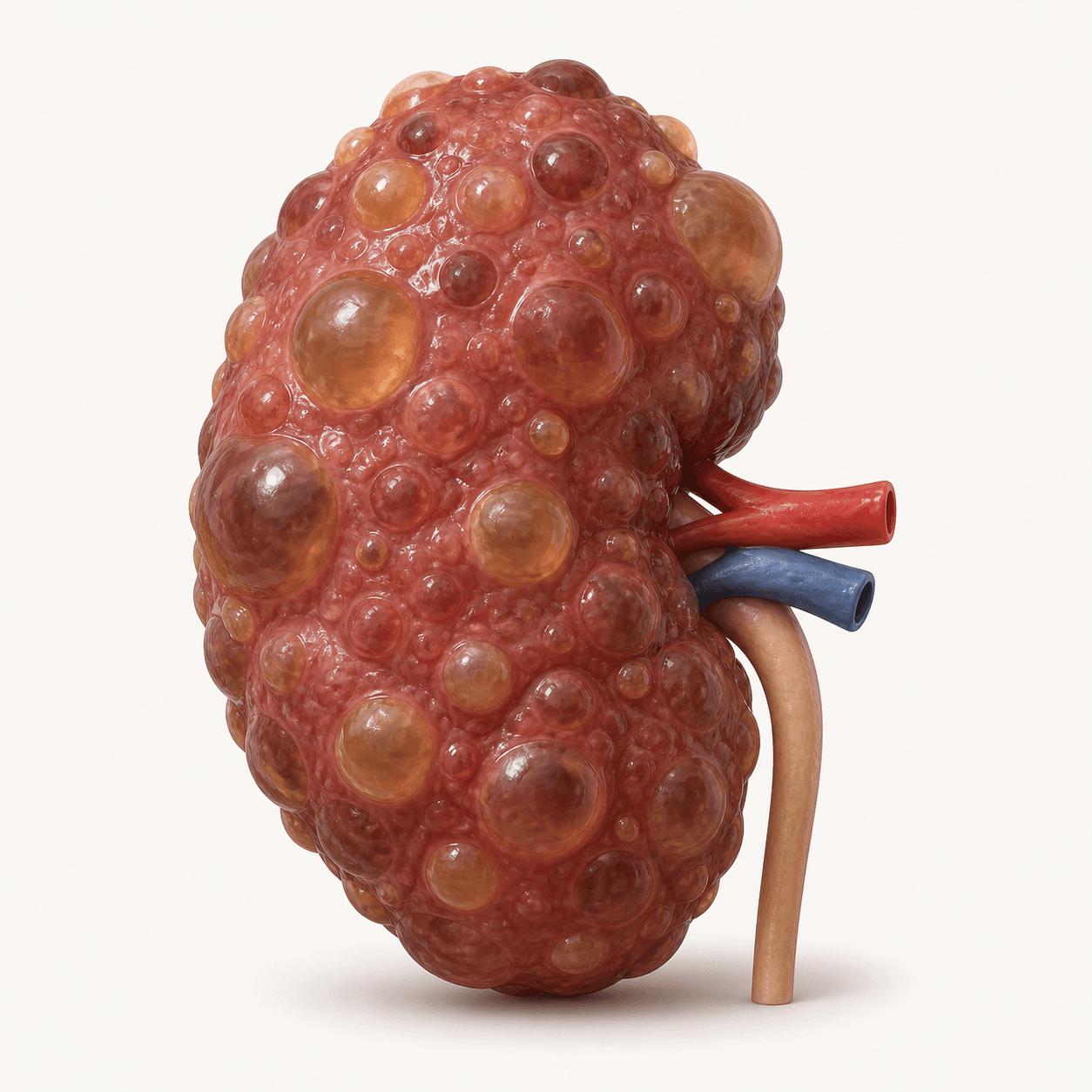 Medical-style illustration of an enlarged kidney with PKD, covered by fluid-filled cysts of different sizes.